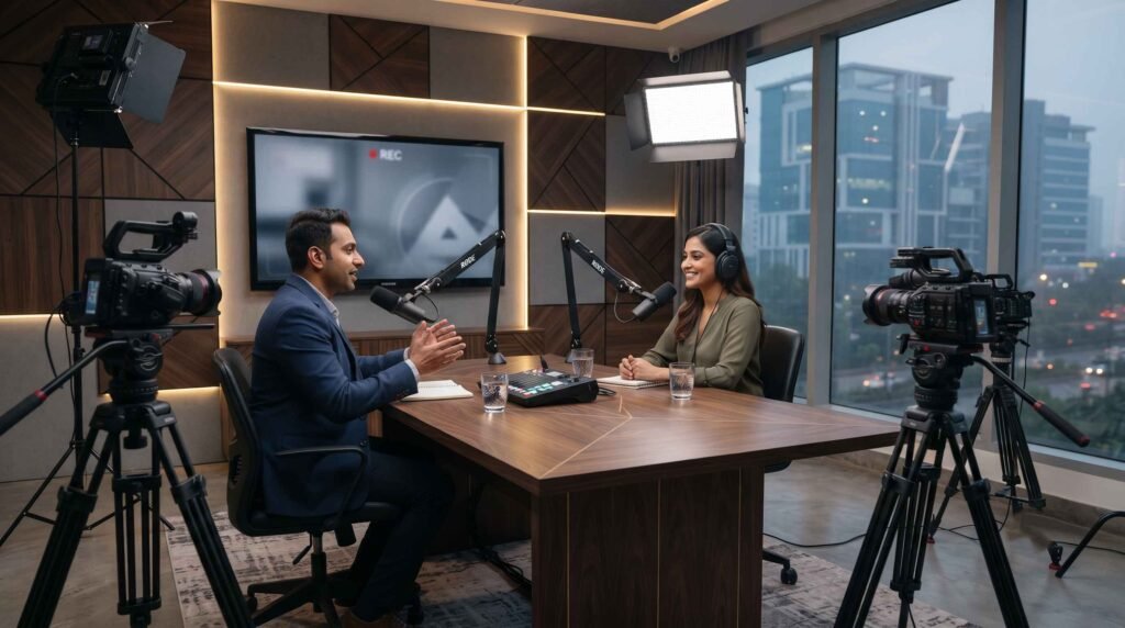 Corporate video production Gurugram — professional lighting and editing setup at Studio Teczie