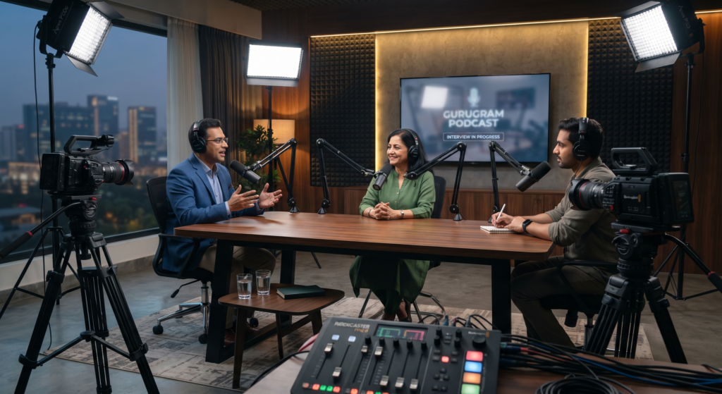 Multi-camera podcast production Gurugram — interview recording session